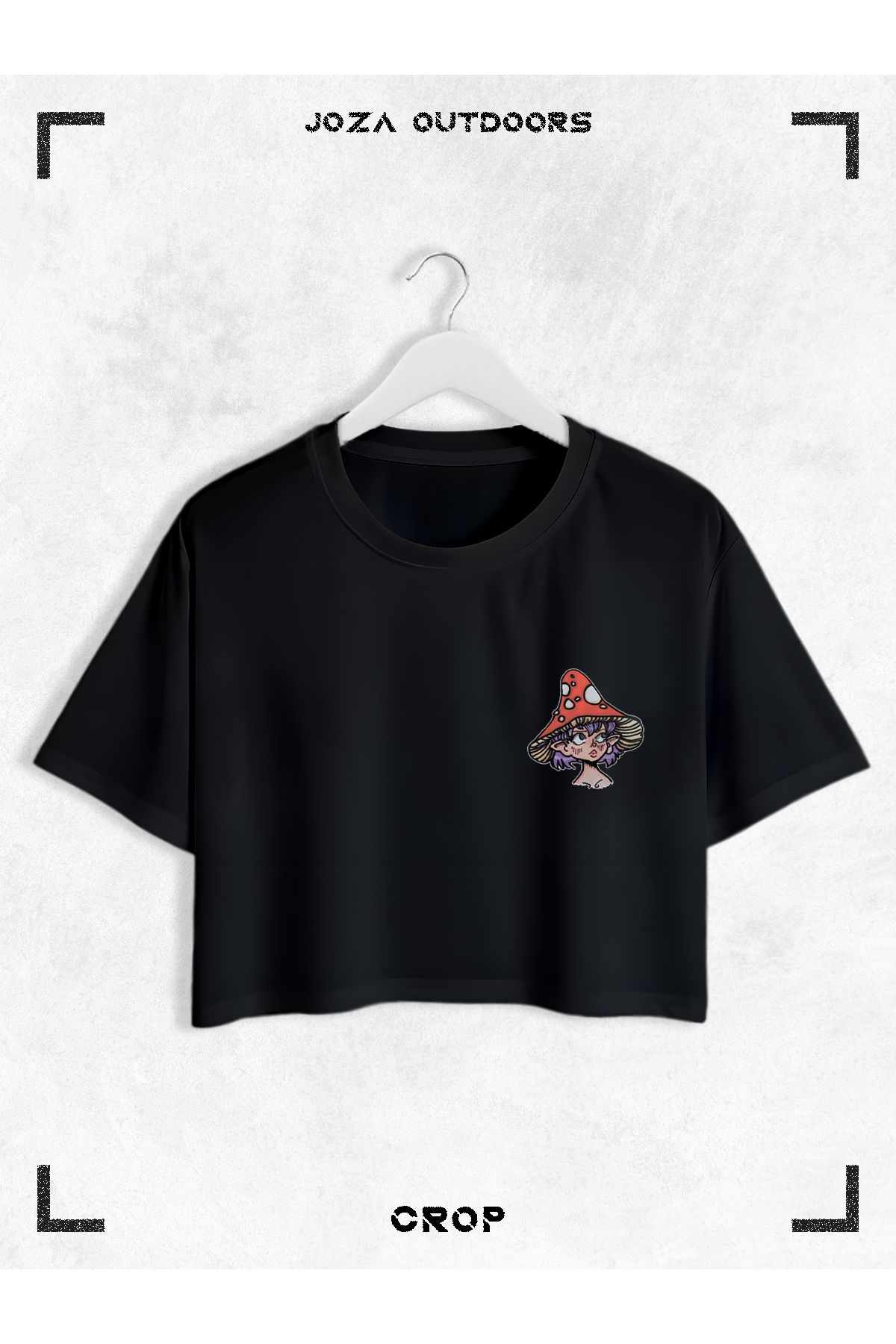 Jobia Outdoors Kadın Pamuklu Renkli Mantar Kız Göğüs Baskılı Bisiklet Yaka Oversize Salaş Kesim Crop T-shirt