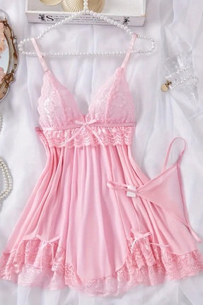 Merry See Dantelli Askılı Yumuşacık Tanga ve Gecelik Takım