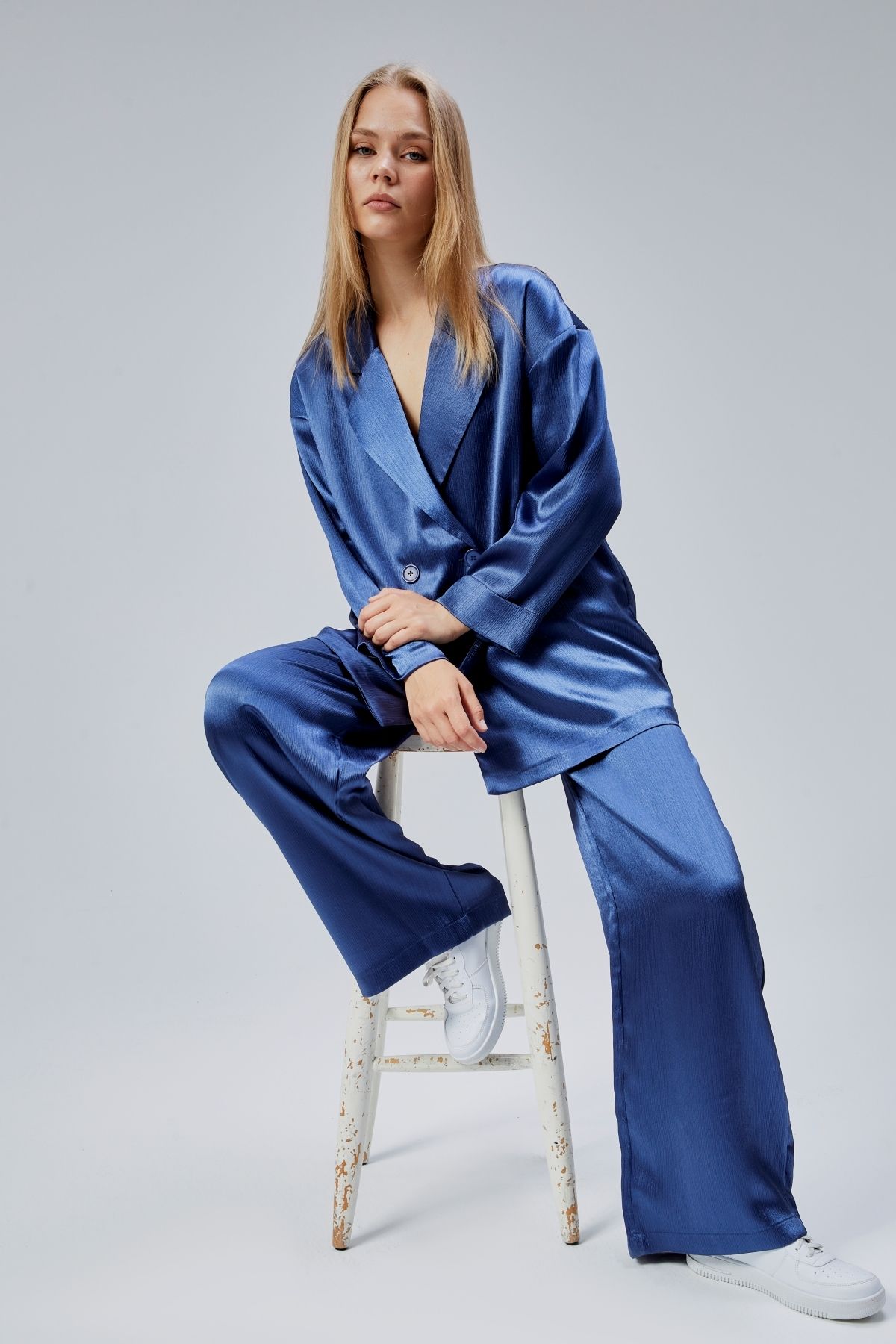 Bolivente İndigo Oversize Saten Takım