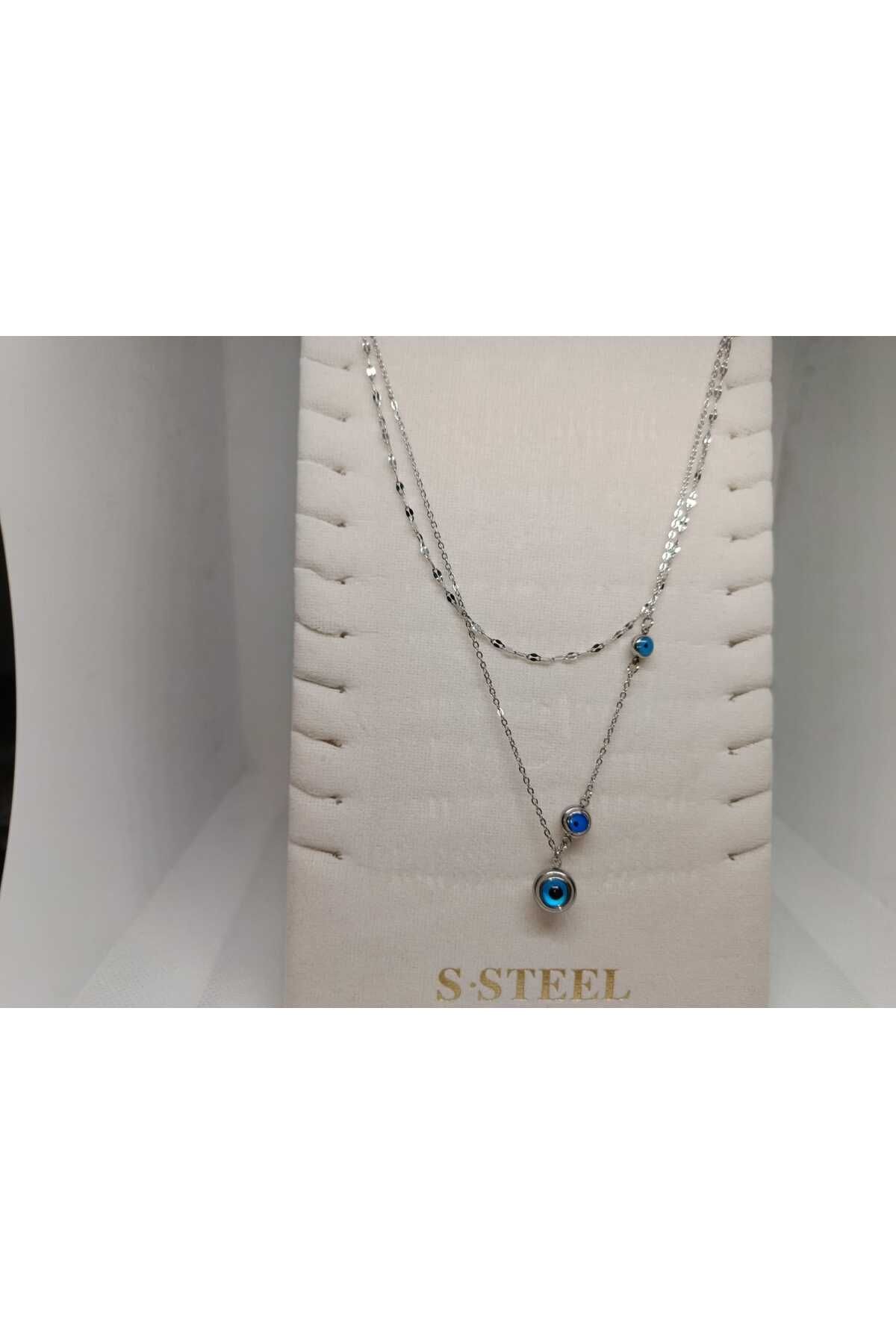 Store 316l Nazar Boncuk Desenli Gümüş Kaplı Paslanmaz Çelik kolye