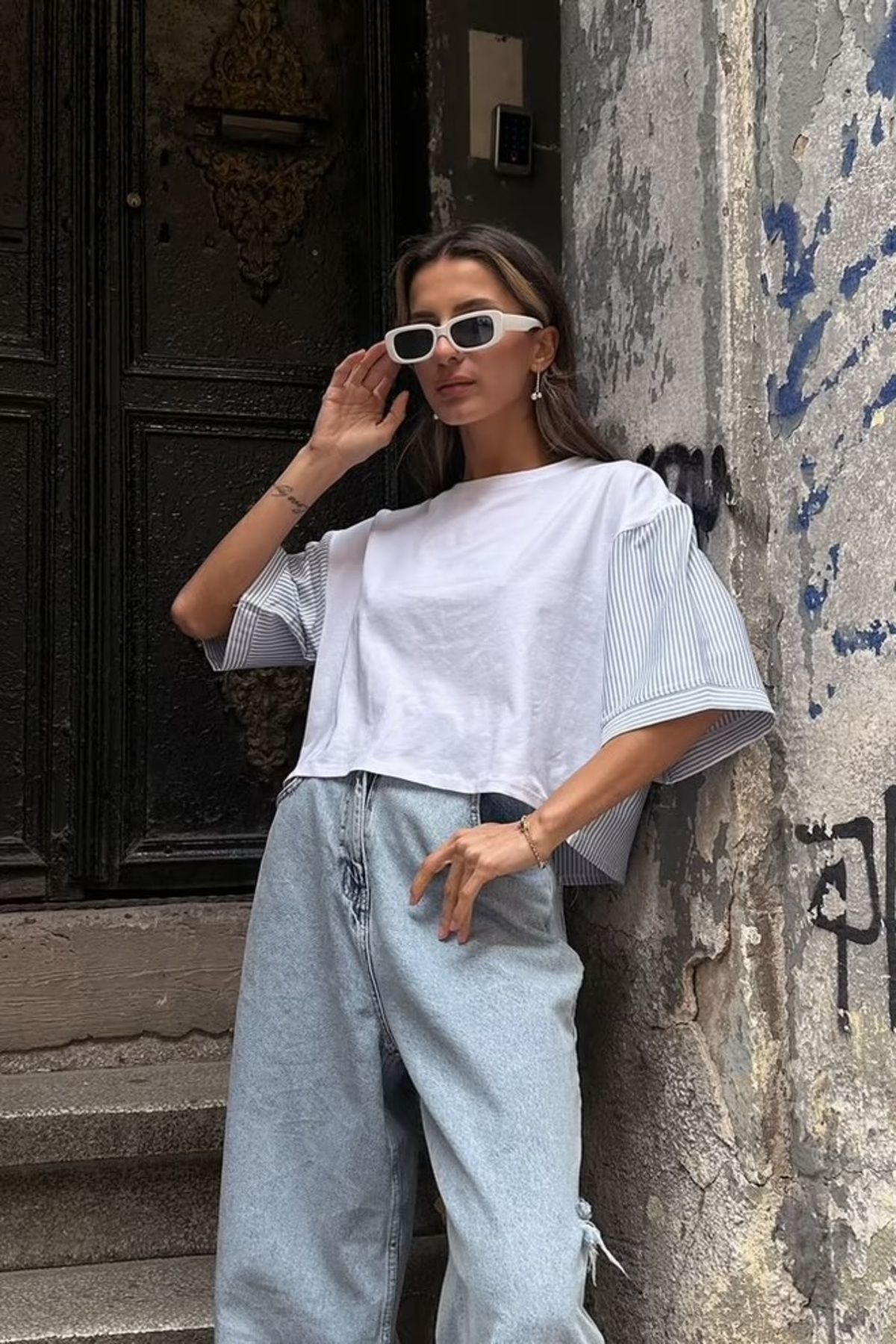 nutika Çizgili Poplin Kollu Oversize Tişört