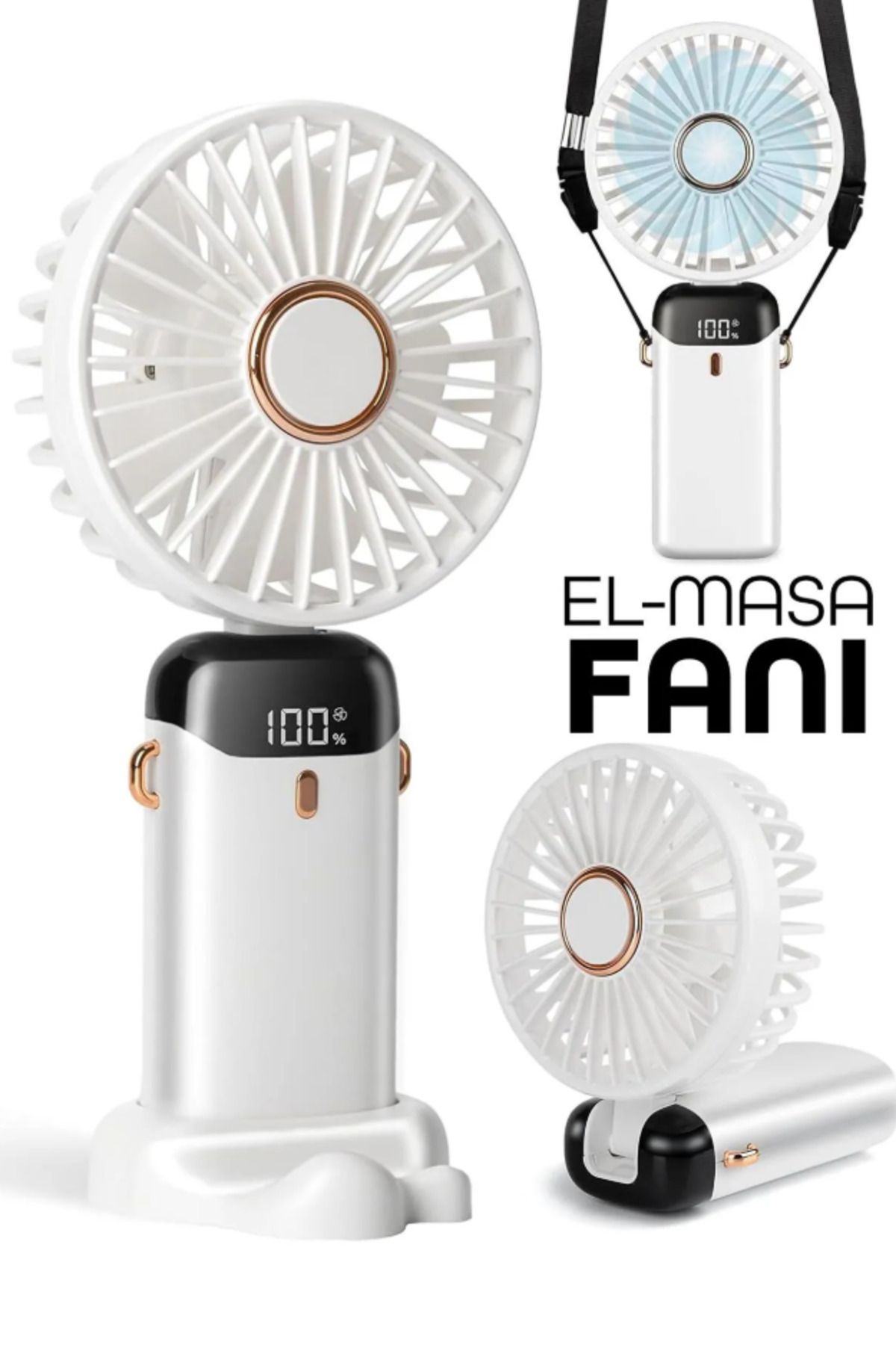 ByKurt LCD Ekranlı Şarjlı El Fanı Mini Vantilatör 5 Kademe Sessiz Boyun Askılı Beyaz Fan