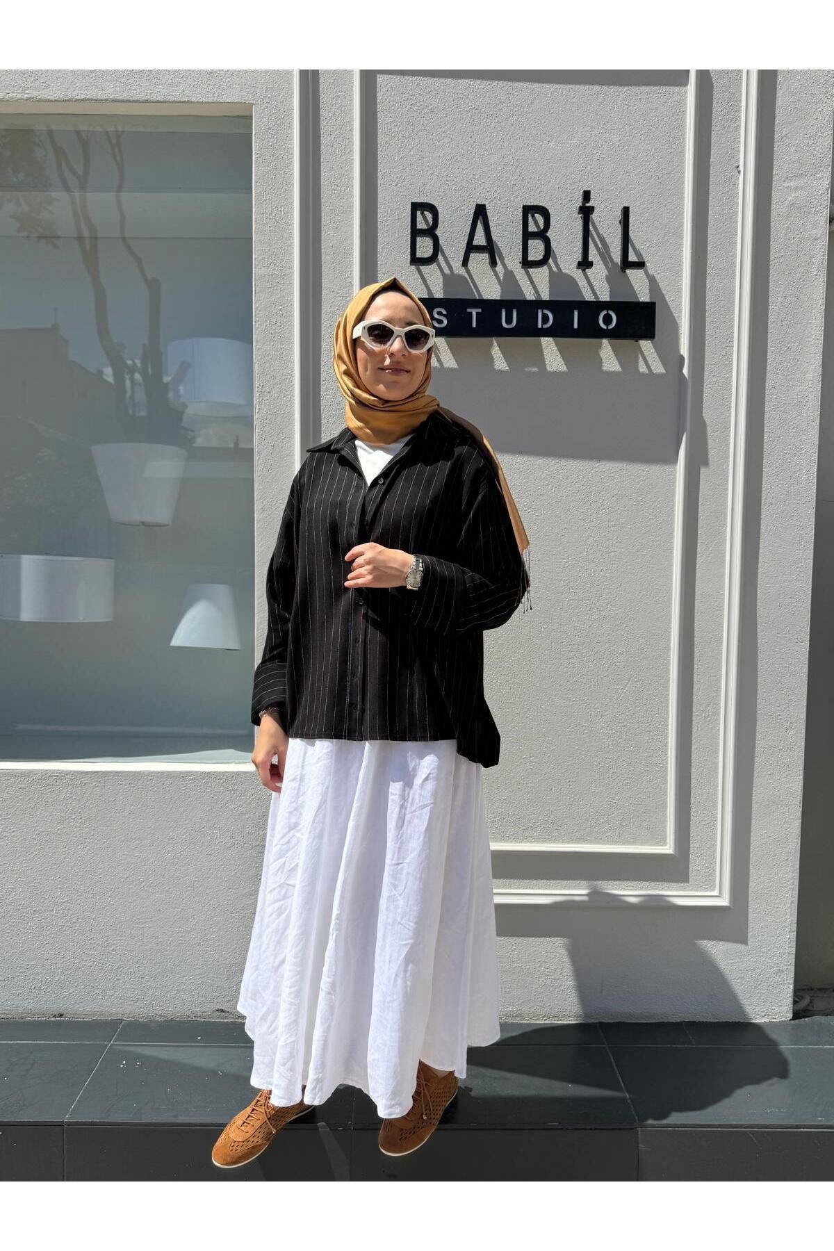 QOOQ STORE 25SS203 Çizgili Dark Kadın Gömlek Siyah
