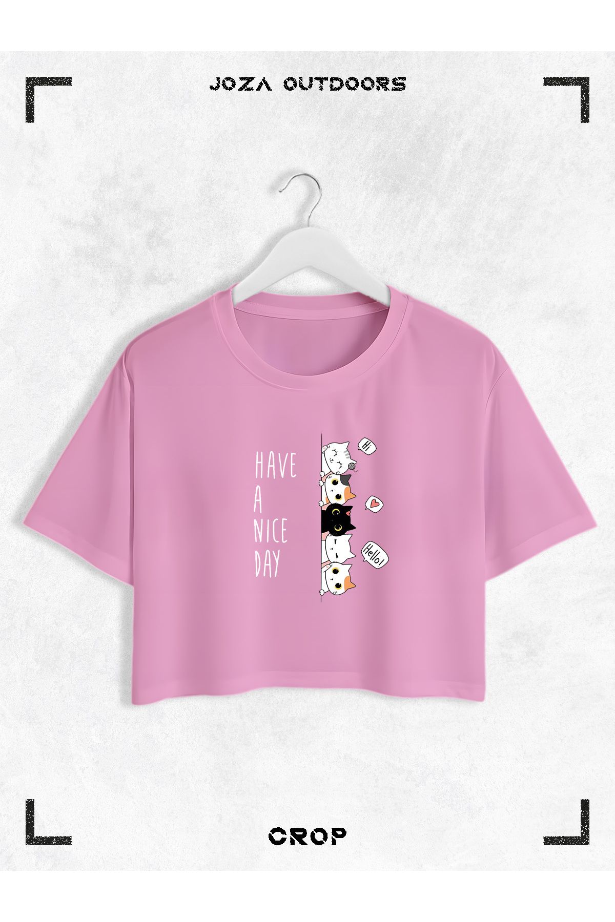 Jobia Outdoors Kadın Pamuklu Have A Nice Day Kediler Baskılı Bisiklet Yaka Oversize Salaş Kesim Crop T-shirt