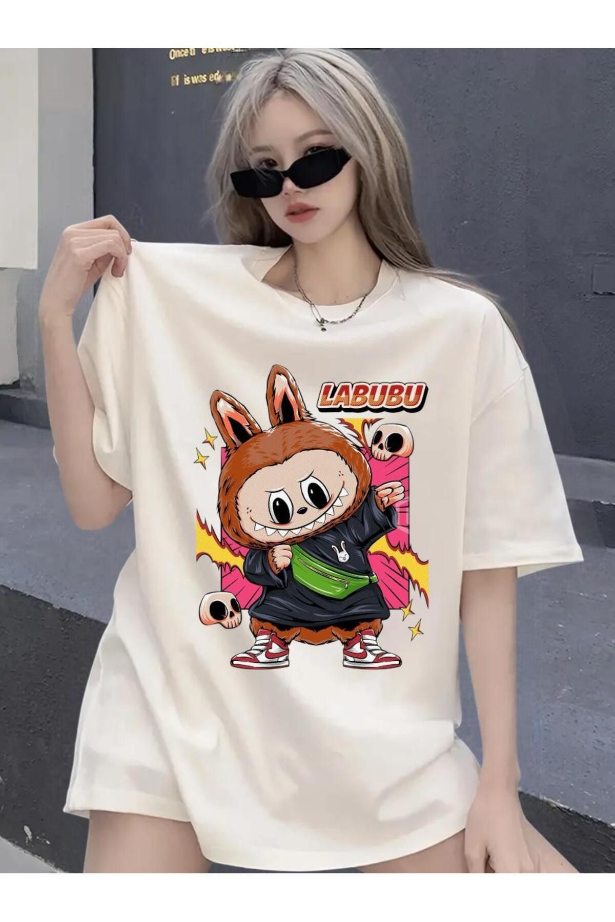 DEEFWEAR Bej Labubu Skeleton Ön Baskılı Oversize Tshirt