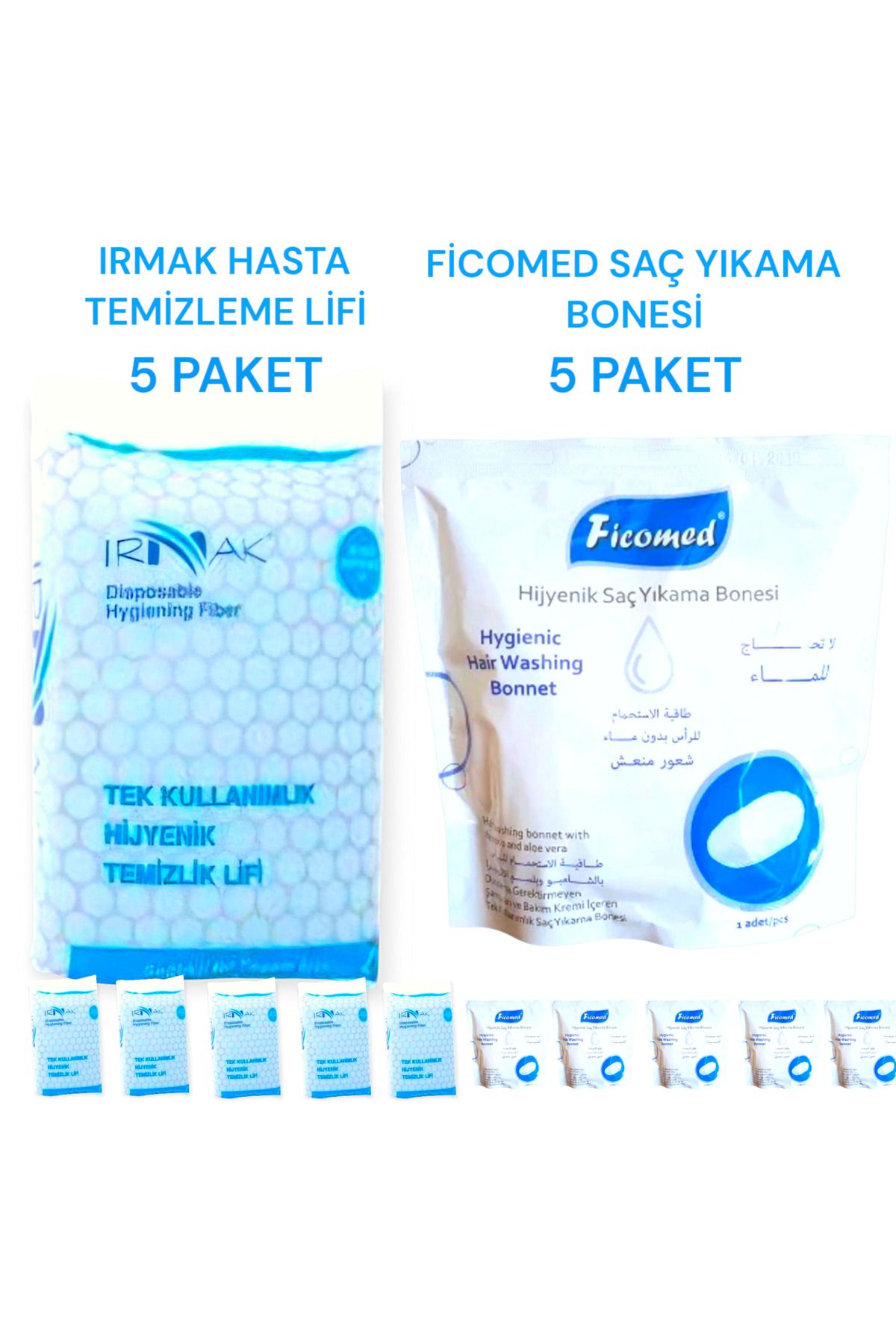 Ficomed Saç Yıkama Bonesi Ve Irmak Hasta Temizleme Lifi 2 Li Set ( 5+5 PAKET )