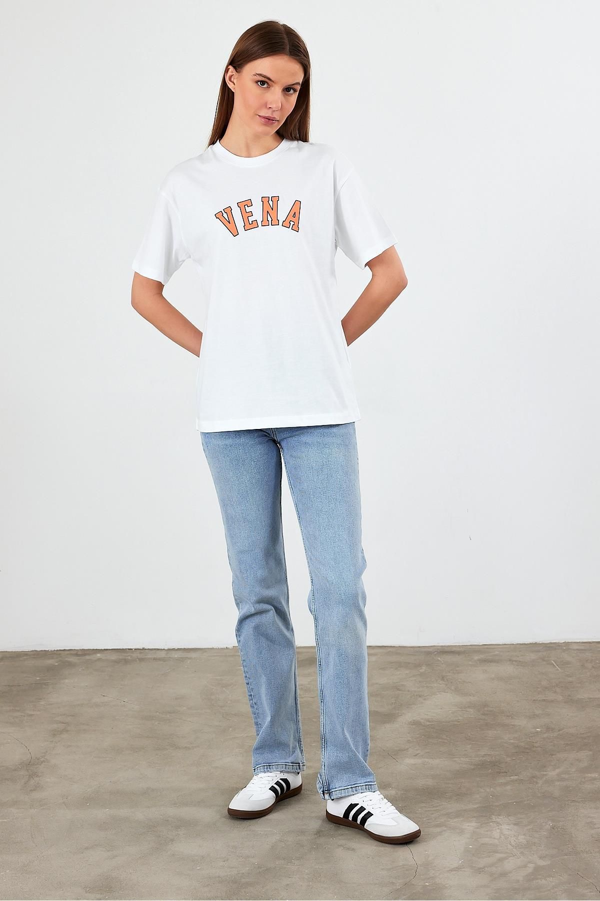 VENA-Tricou cu decolteu rotund cu imprimeu jeans - alb 3