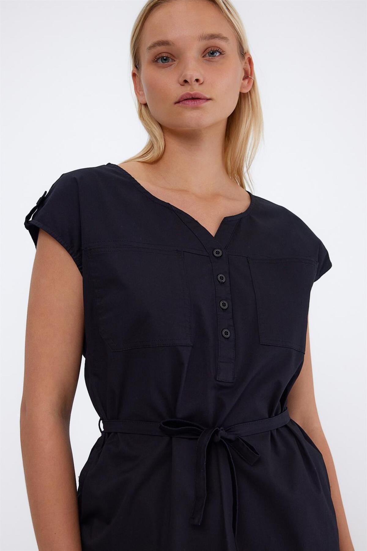 VENA-Riva Regular Fit Gabardine Dress with Buttons on the Front - Black 6