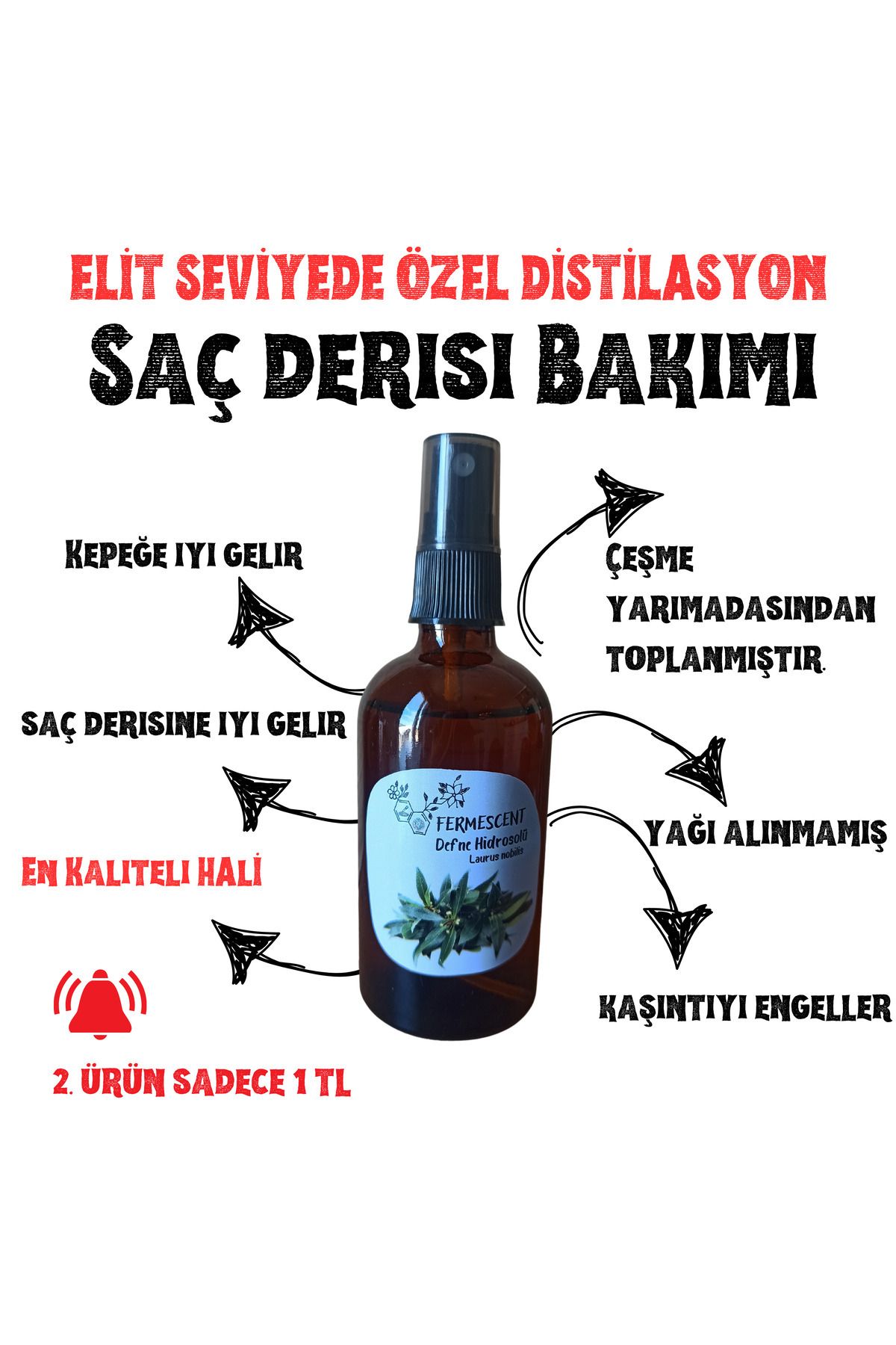 Defne Suyu - Hidrosolü - Mayası- Kepek - Saç Derisi Bakımı -en Etkili Özel Ürün - 100 ml