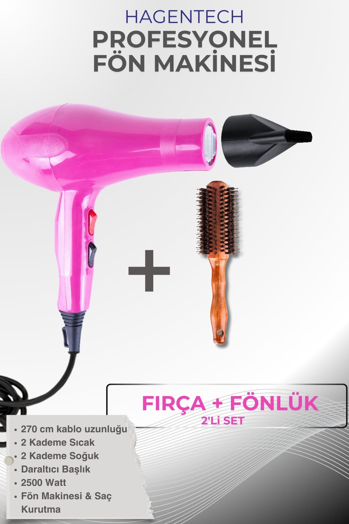Pembe Profesyonel Saç Kurutma Makinesi Fönlük Fırça Profesyonel Fön Makinesi Saç Kurutma 2500watt