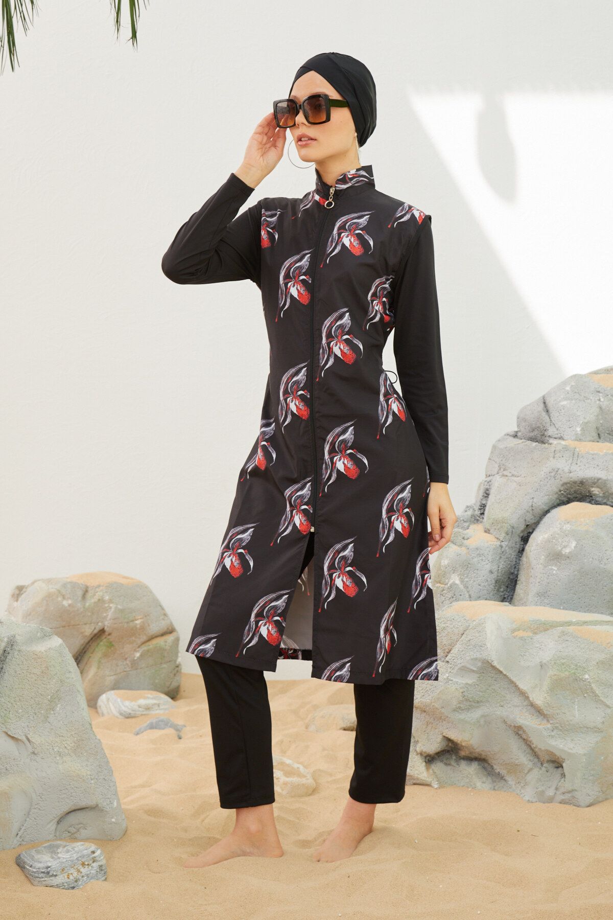 Starinci Mayo-Costum de baie complet acoperit cu guler în picioare Hijab Model negru cu model 3