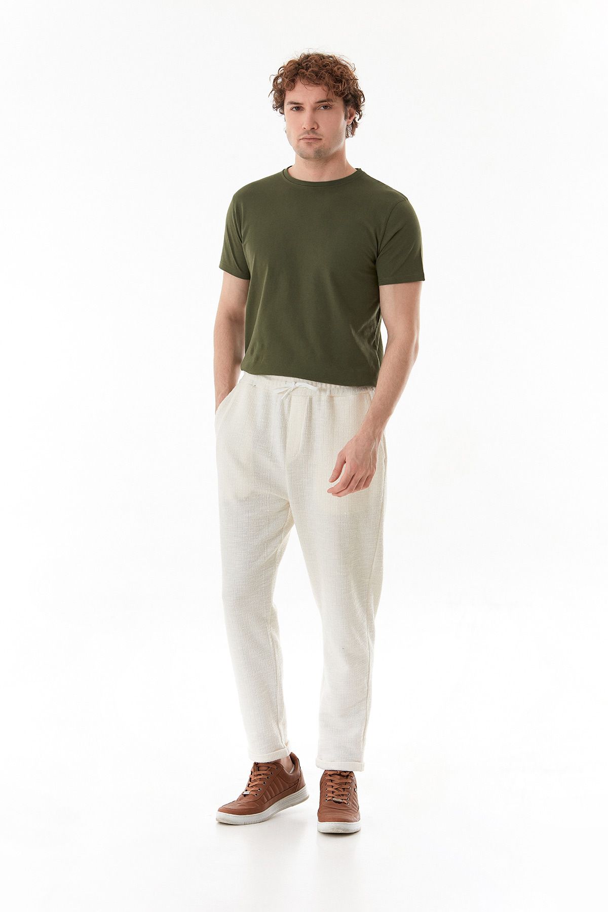 Fulla Moda-Ribbed Waist Tie Double Leg Jogger Trousers 3