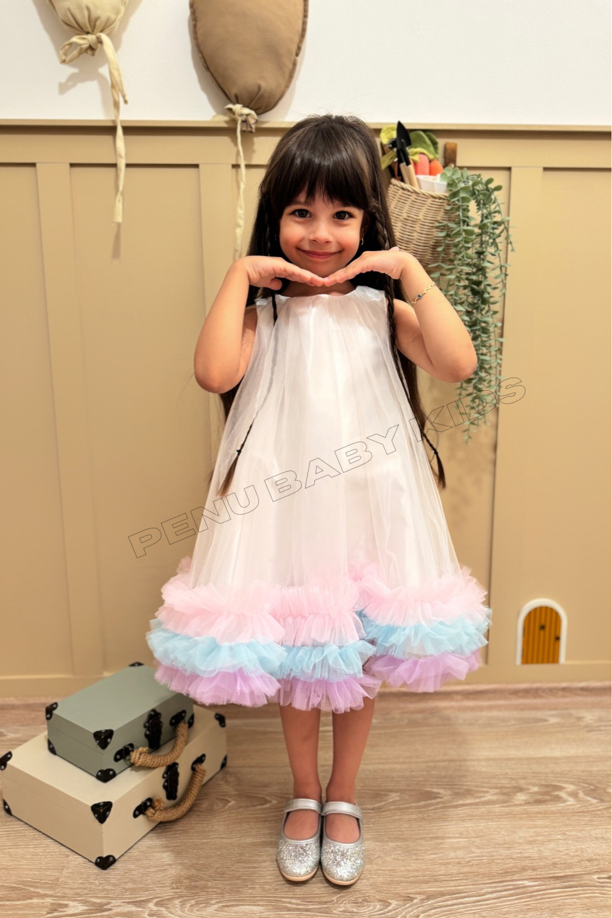 penu baby kids Beyaz Etek Ucu Renkli Fırfırlı Parlak Saten Üstü Kloş Tül Jile Kız Bebek & Kız Çocuk Elbise - Donna fotoğrafı 5 (önizleme)