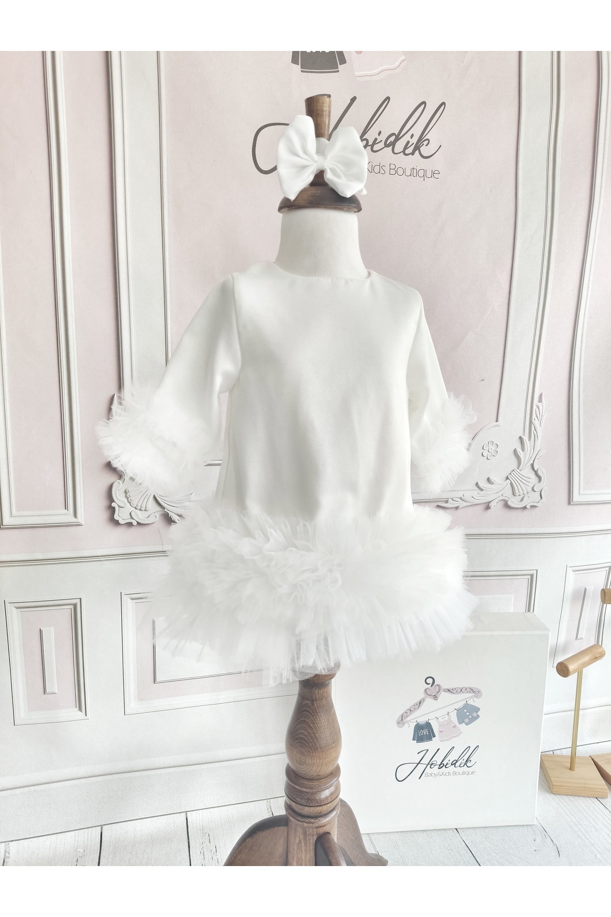 Hobidik Kız Bebek Çocuk Uzun Kol Beyaz Tüllü Saten Elbise fotoğrafı 2 (önizleme)