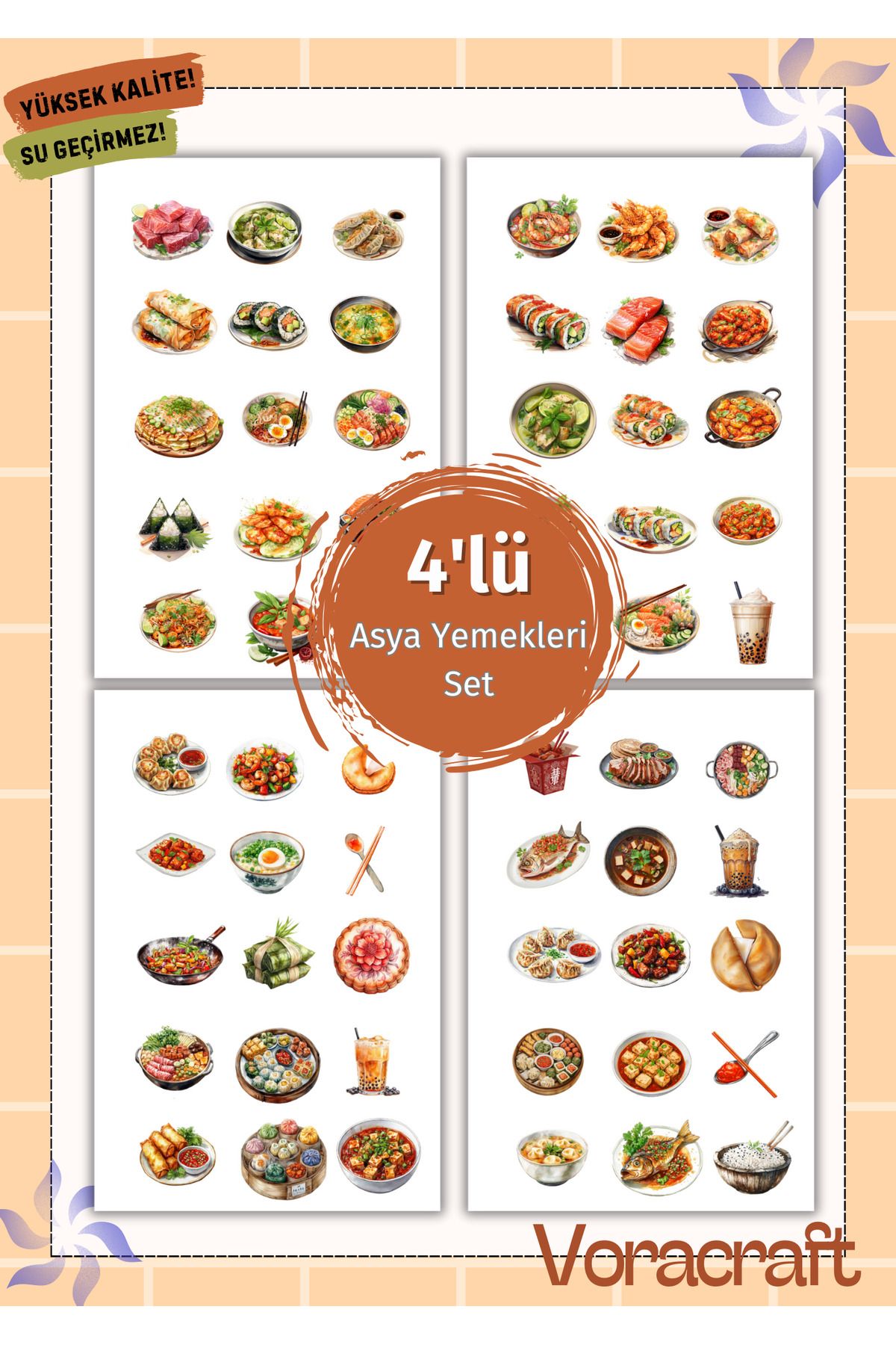 VORACRAFT 4'lü Asya Yemekleri Sticker Set Ajanda Bullet Journal Set A028