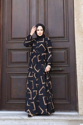 Sfg Life Moda KADIN YAZLIK TESETTÜR ÖNÜ DÜĞMELİ DESENLİ DOKUMA VİSKON ŞIK ELBİSE