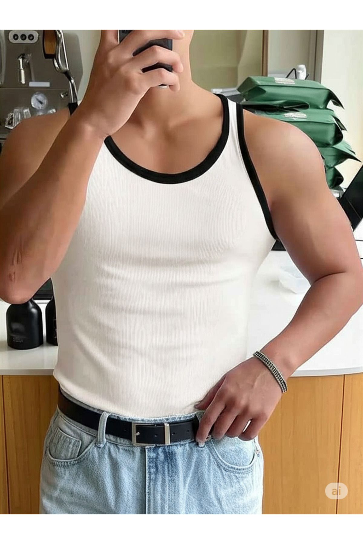 Moda Akai Erkek Halter Yaka Sporcu Likralı Atlet siyah beyaz