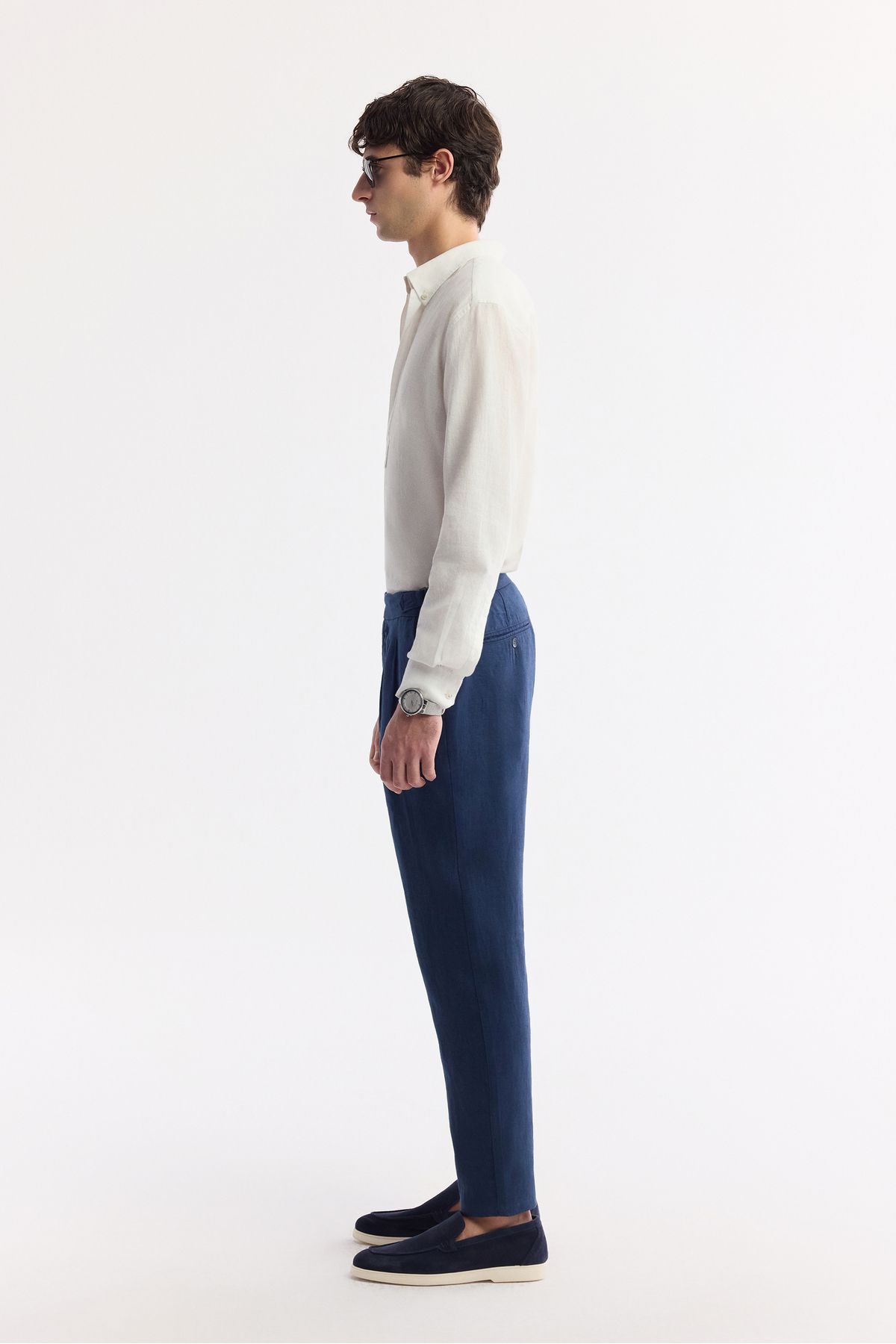Avva-Men's Navy Blue Carrot Fit Classic Bell Epaulet Detailed 100% Linen Trousers A51Y3025 2