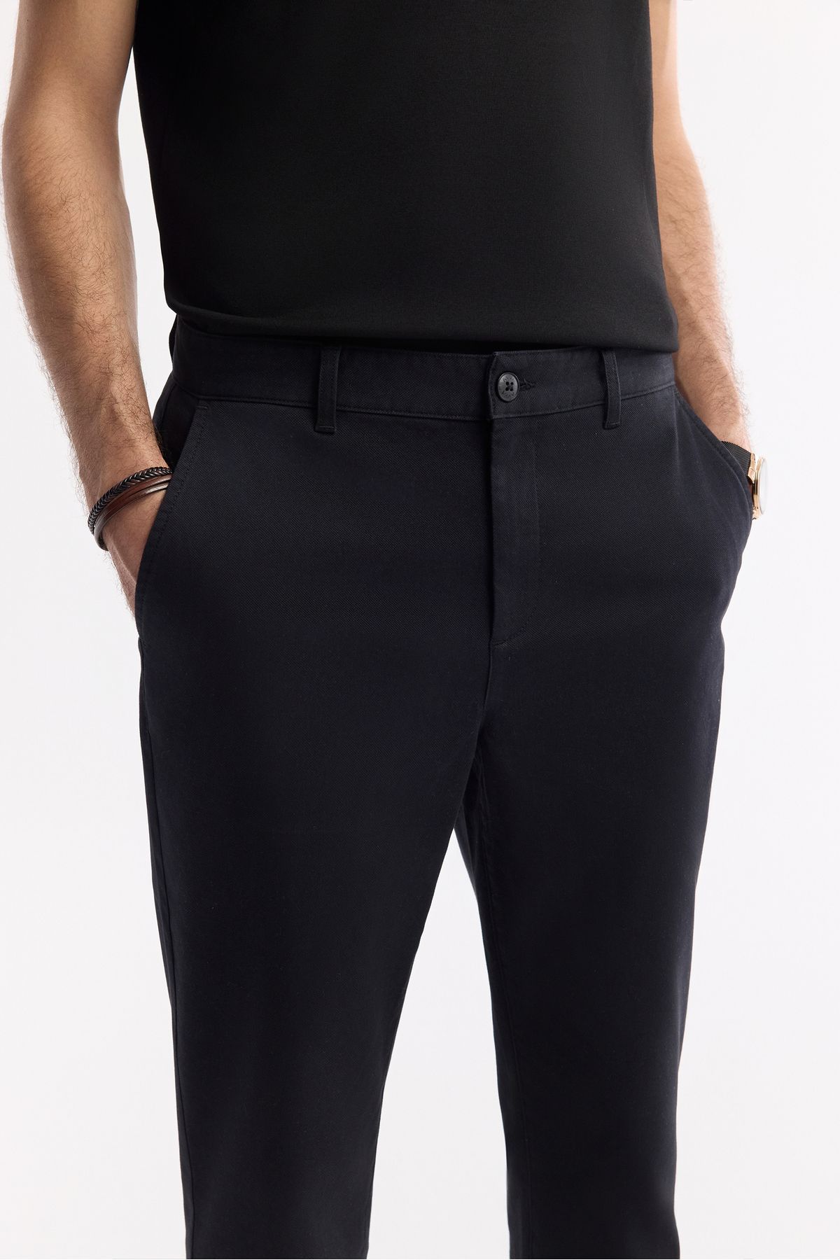 Avva-Men's Black Slim Fit Classic Waist Cotton Soft Buttoned Chino Pants A51Y3078 4