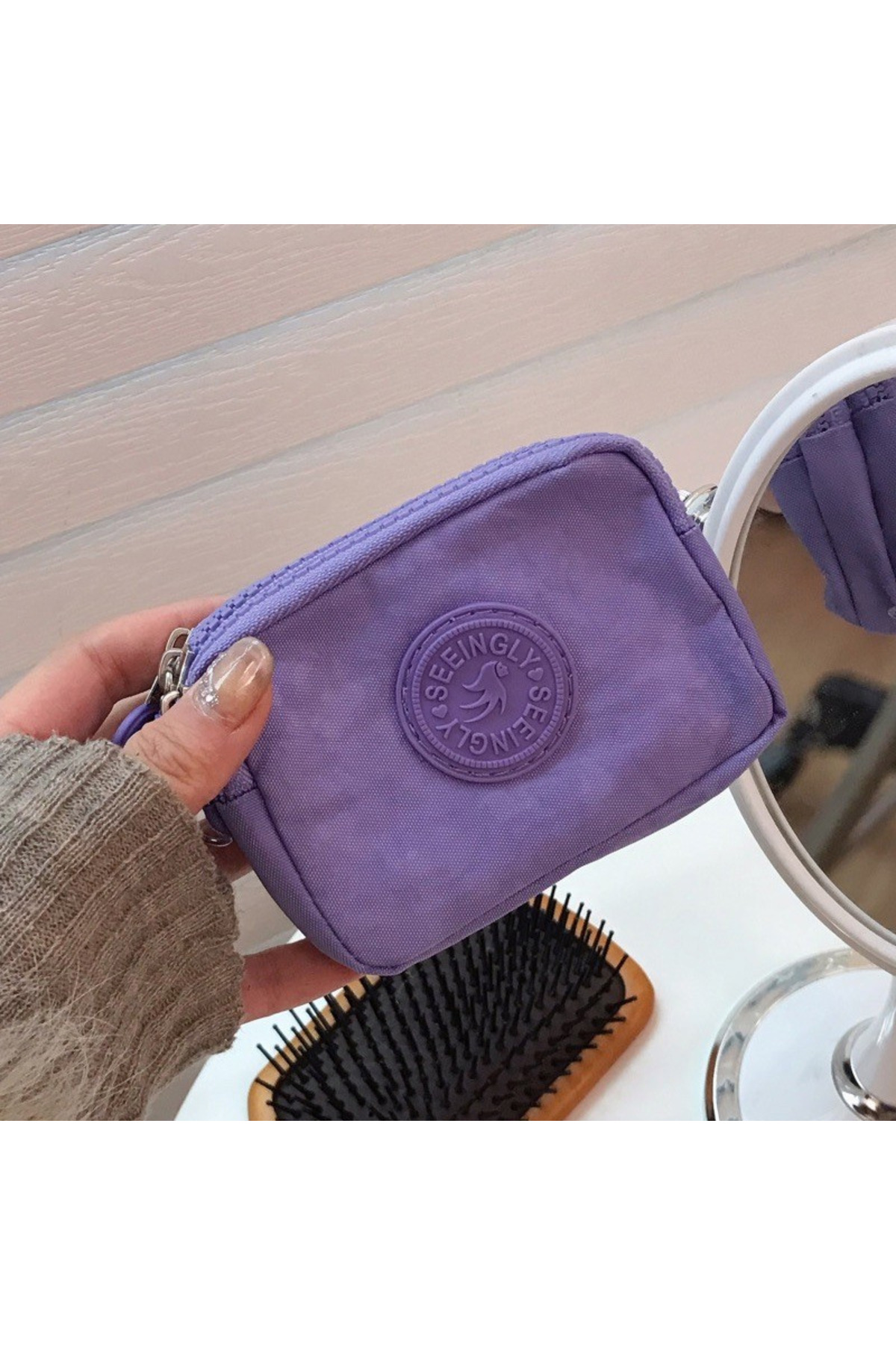rinkadoll Lila renk bileklikli yumuşak hafif üç fermuarlı bozuk para cüzdanı görsel 7