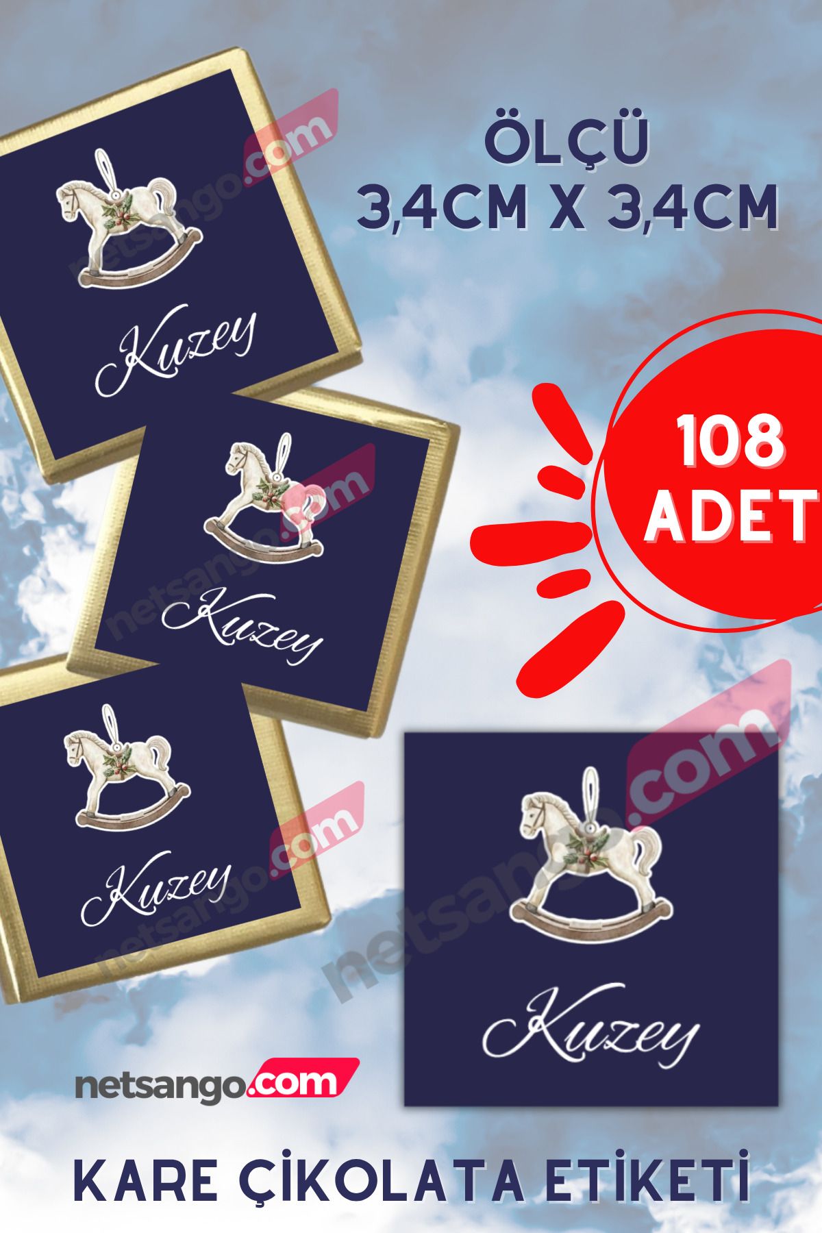 Netsan Etiket 108 Adet Kare Madlen Çikolata Etiketi İsme Özel İkiz Bebek Erkek At Atlı Karınca Lacivert