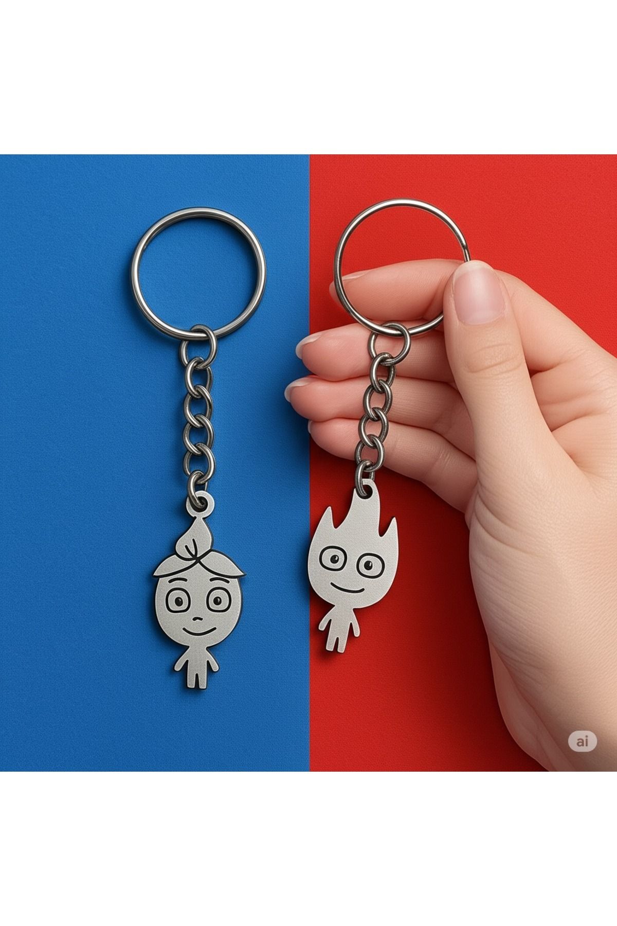 EFAYNU Çift Anahtarlık Seti - Sevgiliye Hediye Metal Ateş ve Su Figürlü Anahtarlık - Minimalist Tasarım