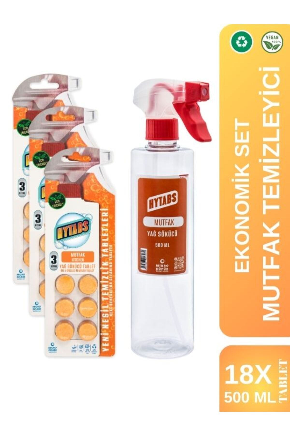 Hytabs Yağ Sökücü Mutfak Temizlik Tabletleri Ekonomik Set 18 Tablet X 500 ml Vegan Sıfır Atık
