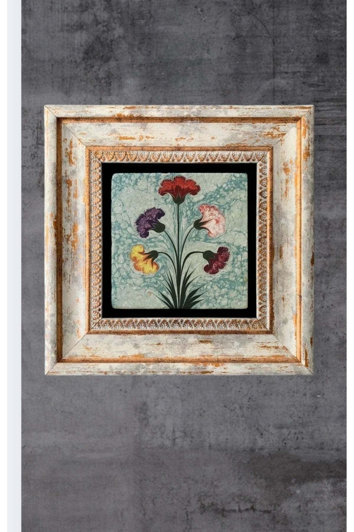 STONEVİVEART Çerçeveli Taş Duvar Dekoru 3lü 20x20Cm Ebruli Çiçekler ve Bahar Dalları