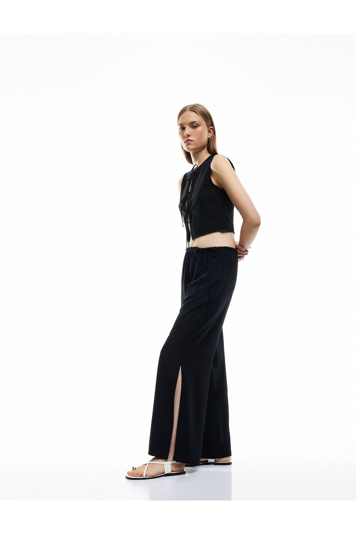 Koton-Viscose Fabric Comfortable Fit Slit Detailed Double Breasted Oversize Trousers with Laced Waist and Pockets 1