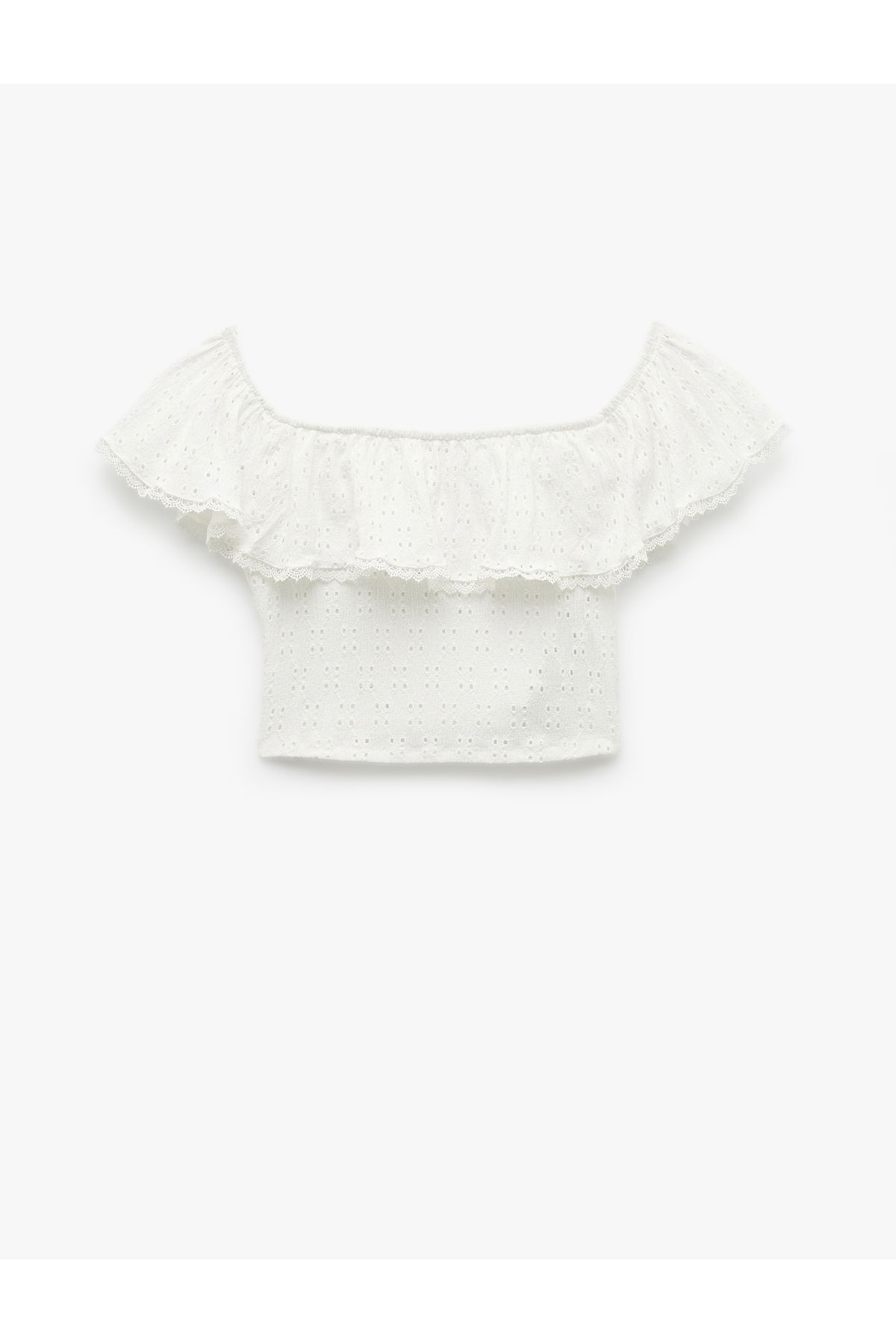 Koton-Sleeveless Lined Slim Fit Scalloped Embroidery Ruffle Off-The-Shoulder Crop Blouse 3