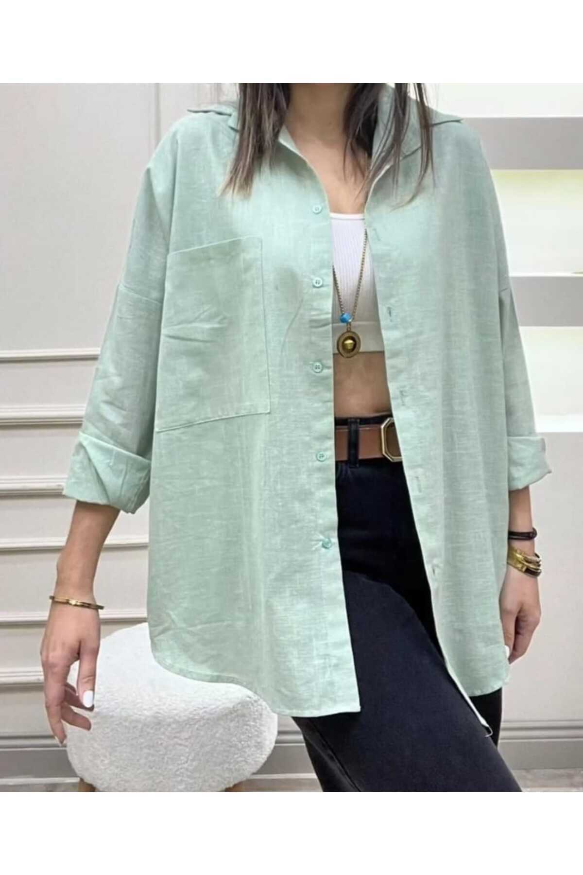 blackbonds  Kadın Keten mint yeşili Gömlek Yazlık Oversize Gömlek Yeni Sezon - Görsel 5