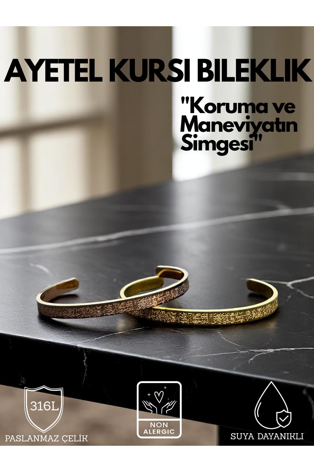 KT AKSESUAR Ayetel Kürsi Yazılı Bileklik Rose Ve Gold Renk Paslanmaz Çelik Ayarlanabilir Erkek/kadın Bileklik