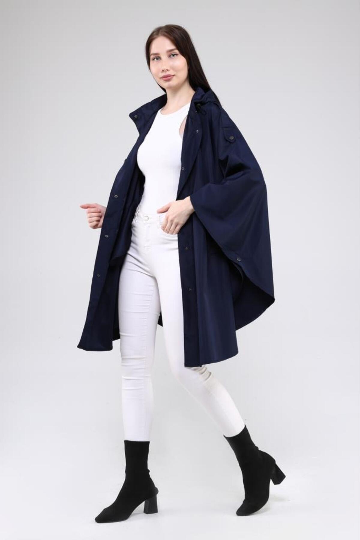 Jamila Oversize Kapüşonlu Mevsimlik Panço - Yağmurluk görsel 7