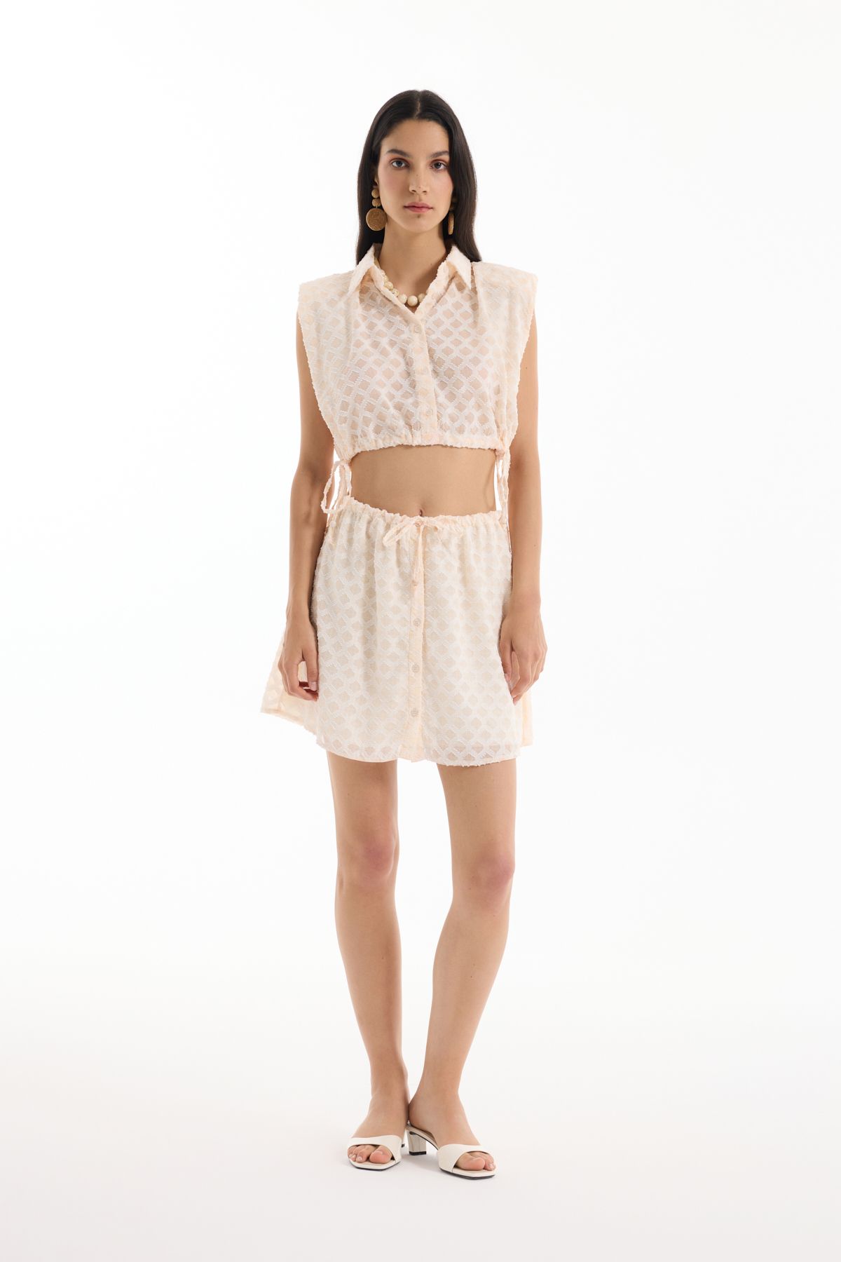 Quzu-Front Buttoned Textured Mini Skirt with Elastic Waist Ecru 4