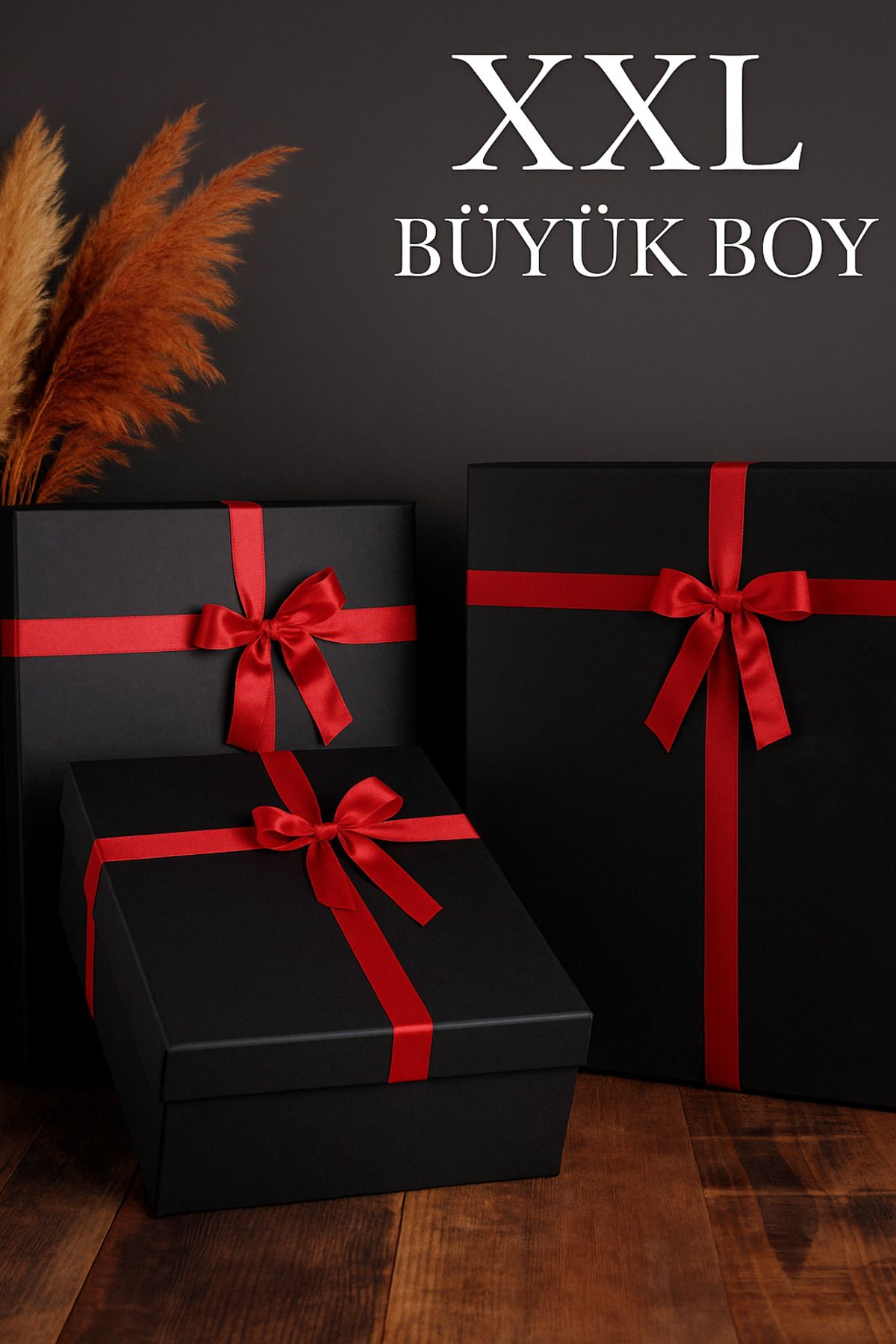 SİMGE KUTU Büyük Boy XXL Siyah 3'lü Kırmızı Kurdeleli Siyah Kutu Sert Malzeme