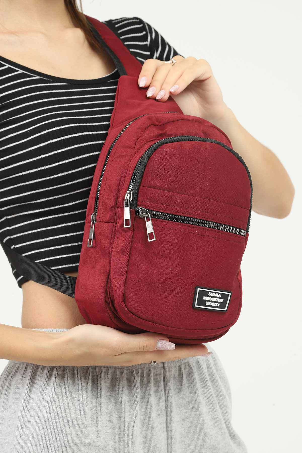 SHAKA Bordo U3 3 Bölmeli Ayarlanabilir Çapraz Askılı Kanvas Unisex Bel Ve Omuz Çantası B:30 E:15 görsel 3