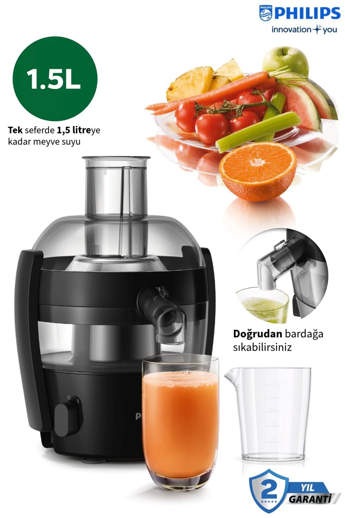 Philips Maksimum meyve suyu. Minimum zahmet-Viva Collection Katı Meyve Sıkacağı,1,5 Lt, QuickClean Özellikli