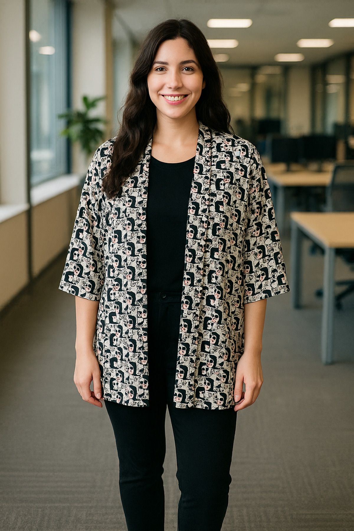 Hayalet Tasarım Kadın Ceket Tarzı Oversize Kısa Kimono