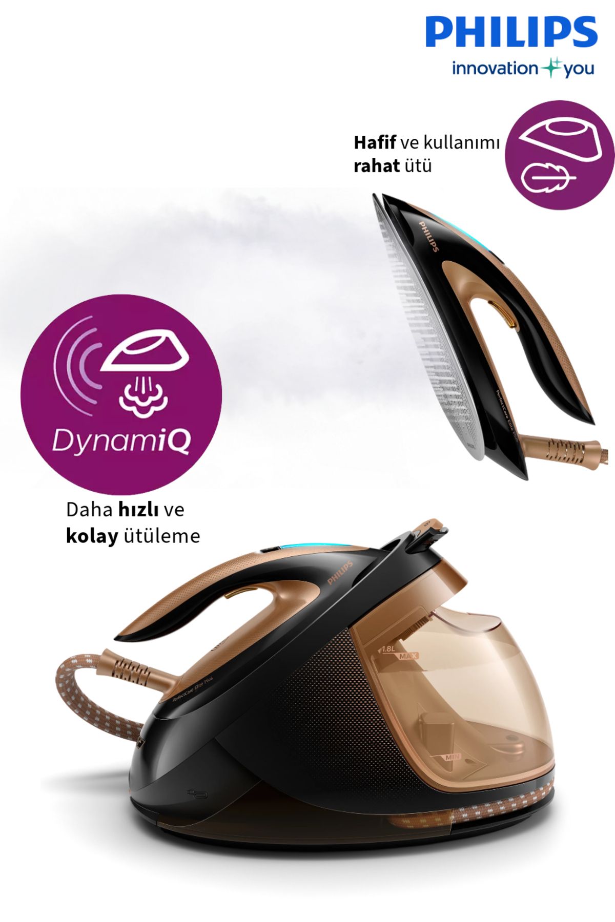 Philips 8 Bar, 600 g Şok Buhar, Akıllı Otomatik Buhar Perfect Care Elite Plus 2700 W Buhar Kazanlı Ütü