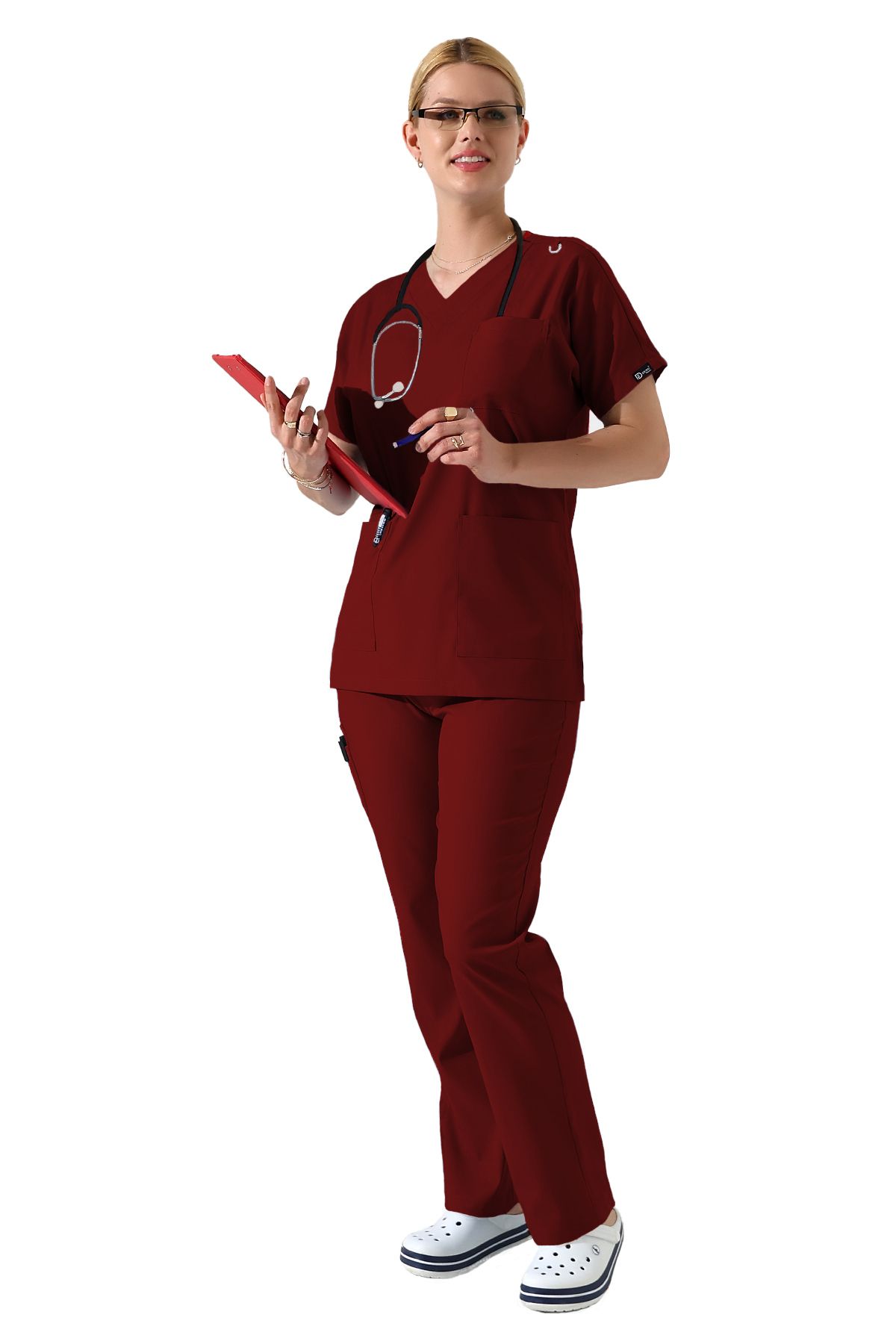 BEDUCA Bordo Likralı Dr Greys V yaka Yarasa Kol Hemşire Üniforma Takımı, Büyük Beden Kadın Scrubs