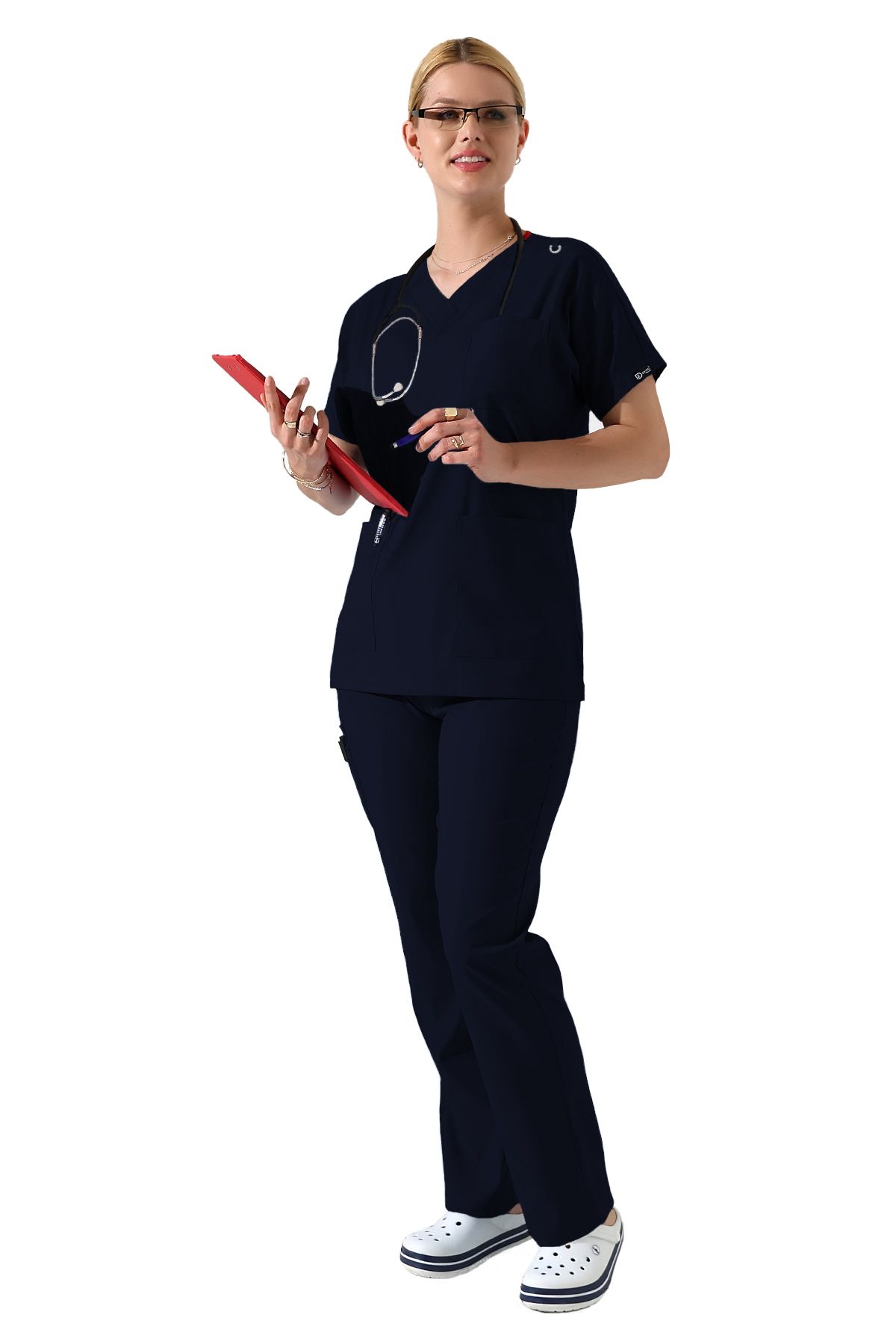 BEDUCA Lacivert Likralı Dr Greys V yaka Yarasa Kol Doktor Hemşire Üniforma Takımı, Büyük Beden Kadın Scrubs