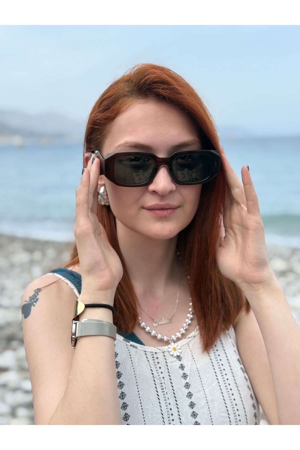 Ferrucci Kahverengi Geometrik Kesim Kemik Çerçeveli Polarize Şık Kadın Güneş Gözlüğü