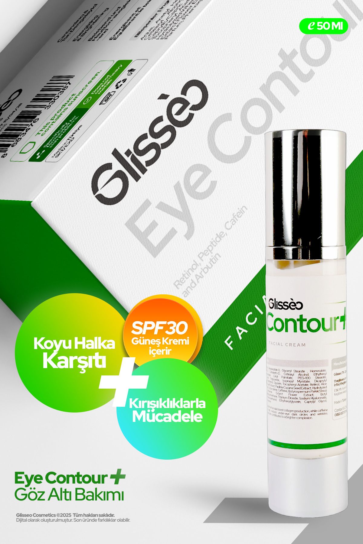 Glisseo Eye Contour+ Koyu Halka, Şişlik ve Kırışıklık Karşıtı Göz Kremi + SPF30 Güneş Kremi 50 ML