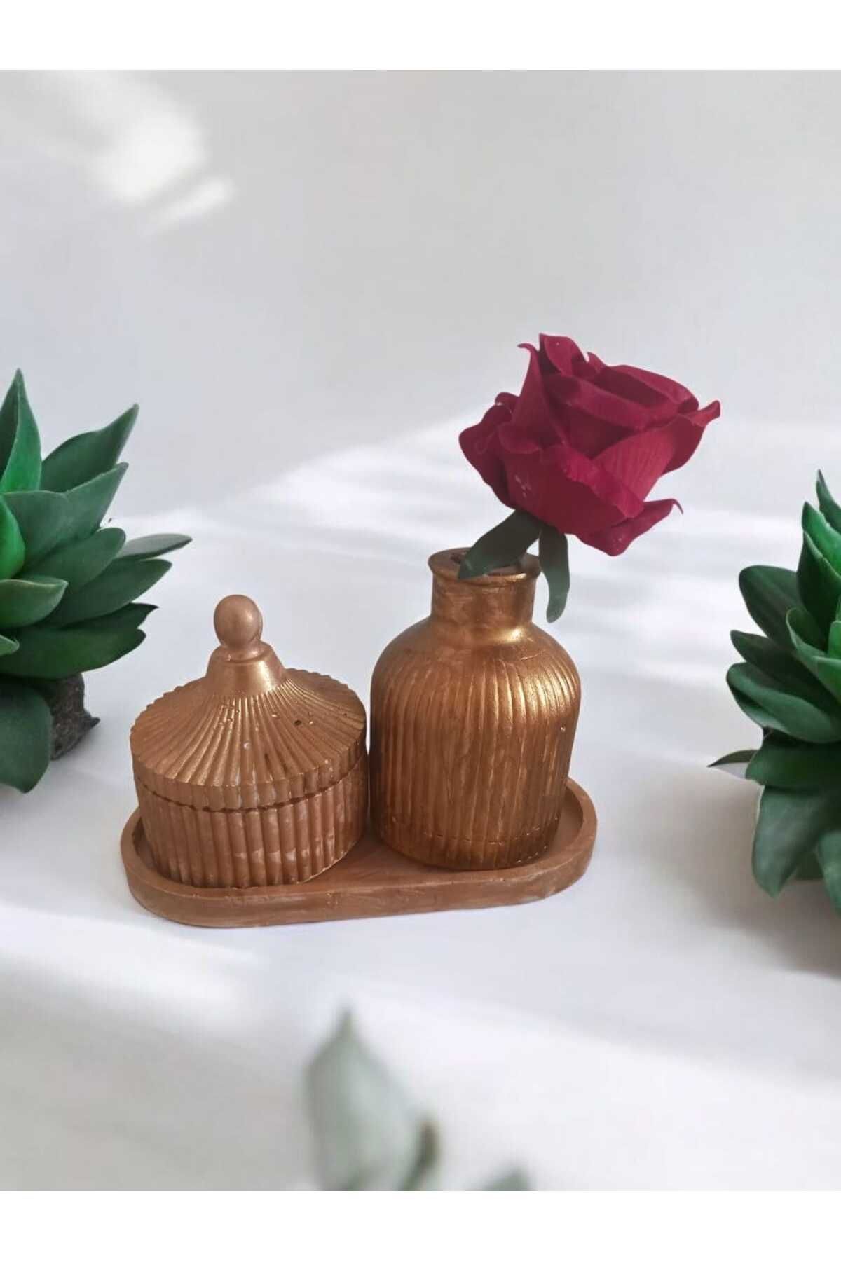 AYŞEM Dekoratif Stantlı,Çizgili Vazo Dekoratif Kase Set