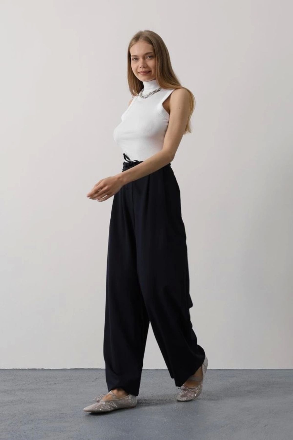 Silerra Pileli Bağcıklı Oversize Pantolon - Lacivert