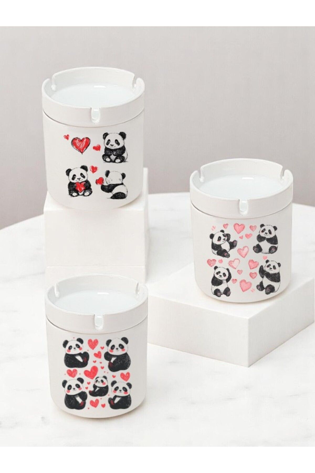 lili hediyelik Panda ve Kalp Baskılı 3'lü Seramik Küllük Kül Tablası