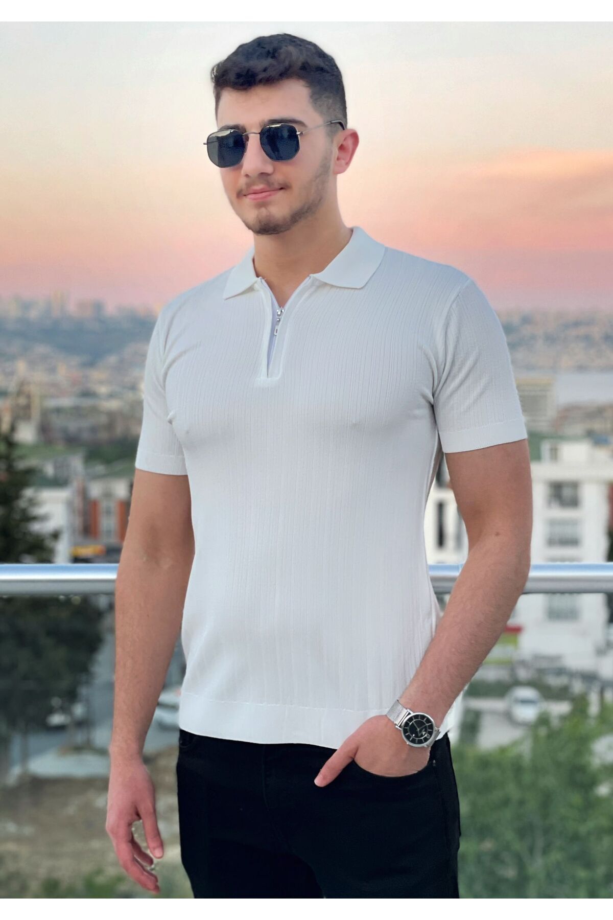Marka Beyaz Polo Yaka Fermuarlı Triko T-Shirt