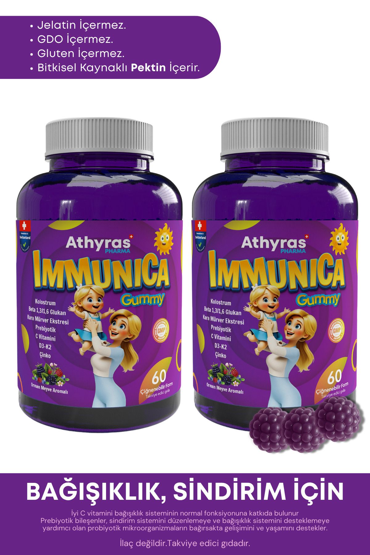 Athyras Pharma Immunica Gummy Kolostrum, Beta Glukan, Kara Mürver Ekstresi İçeren 60 Çiğnenebilir Form ( 2 KUTU )