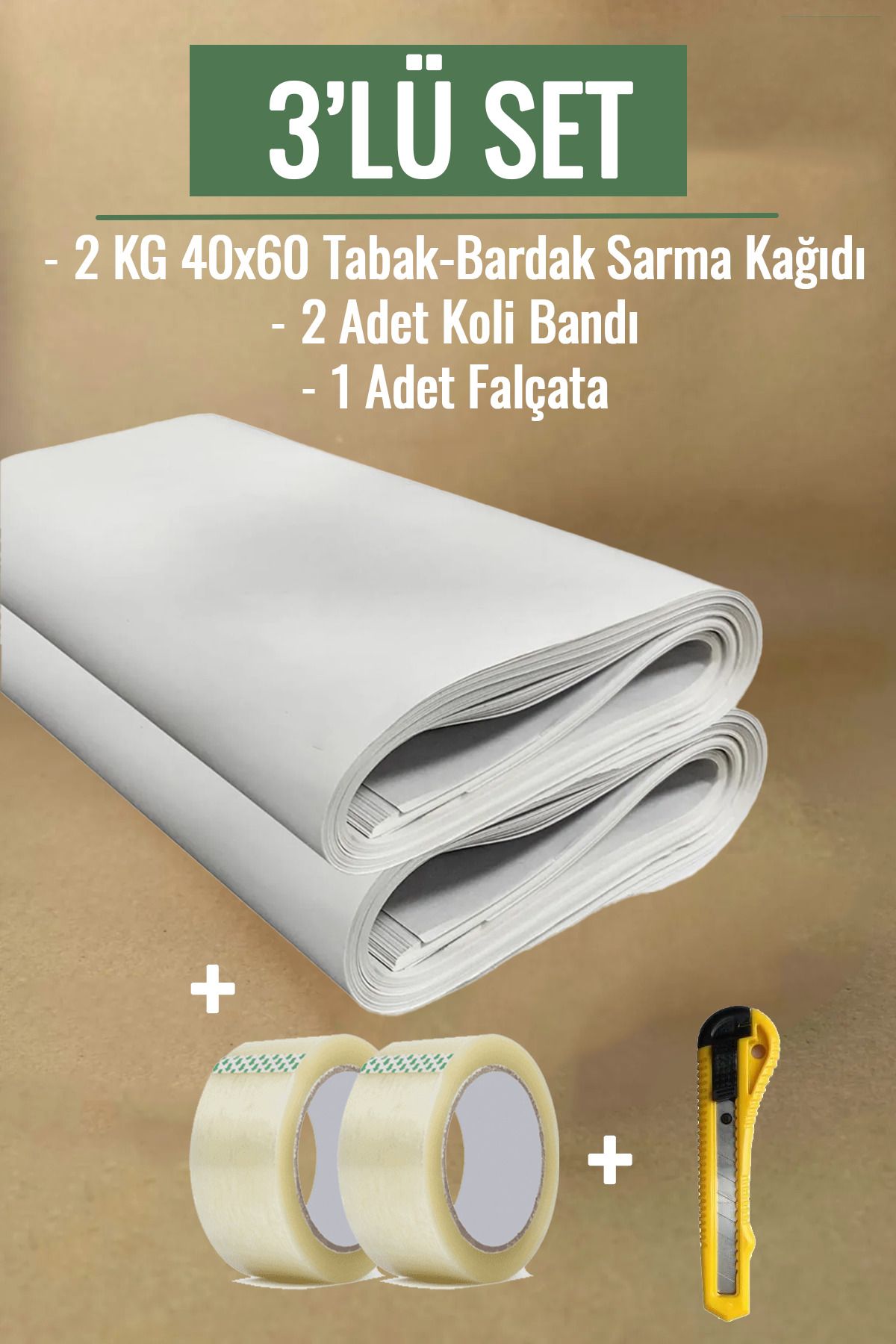 naft 3'lü Set 2 Kg 60x40 Tabak Bardak Sarma Kağıdı 2 Koli Bandı Falçata Eşya Sarma Koruma Taşıma Taşınma