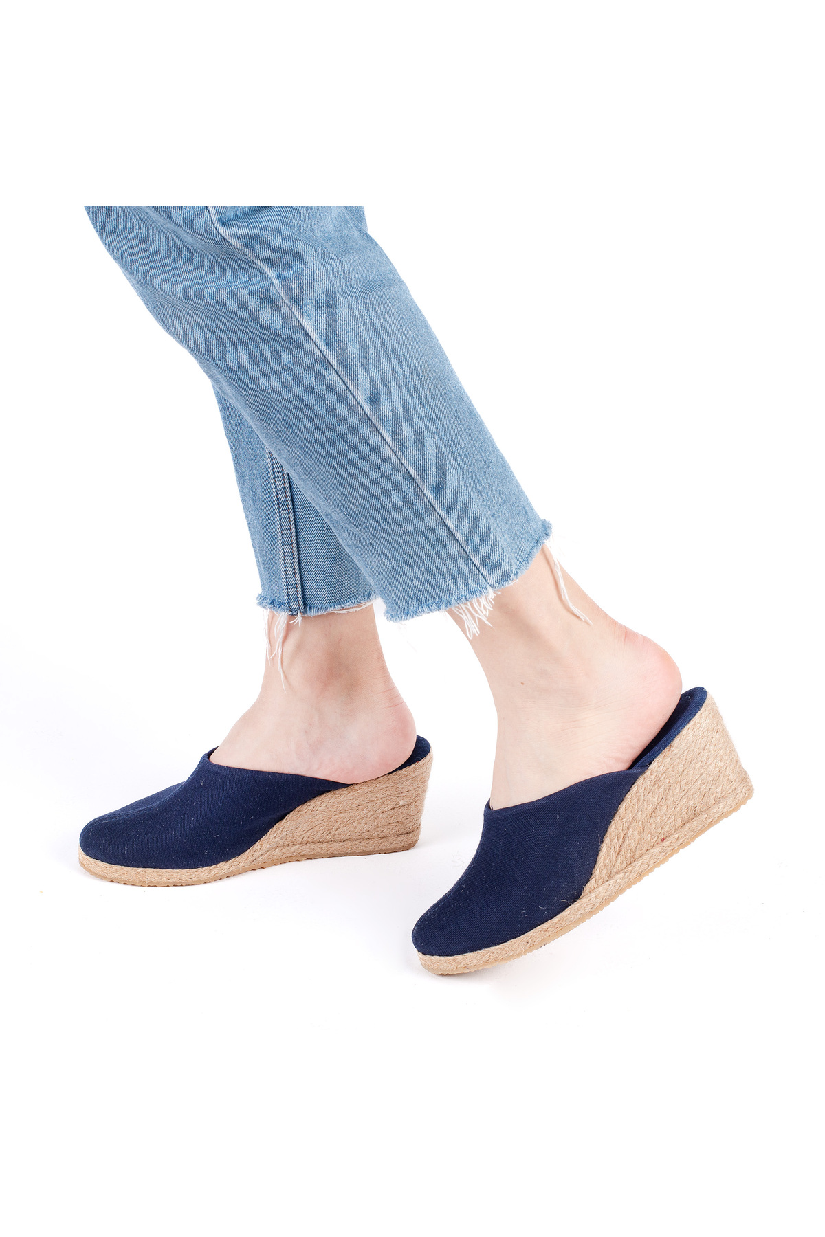 Real Handmade Covered Wicker Navy Blue Handcrafted Women's Linen Casual Slippers Handmade